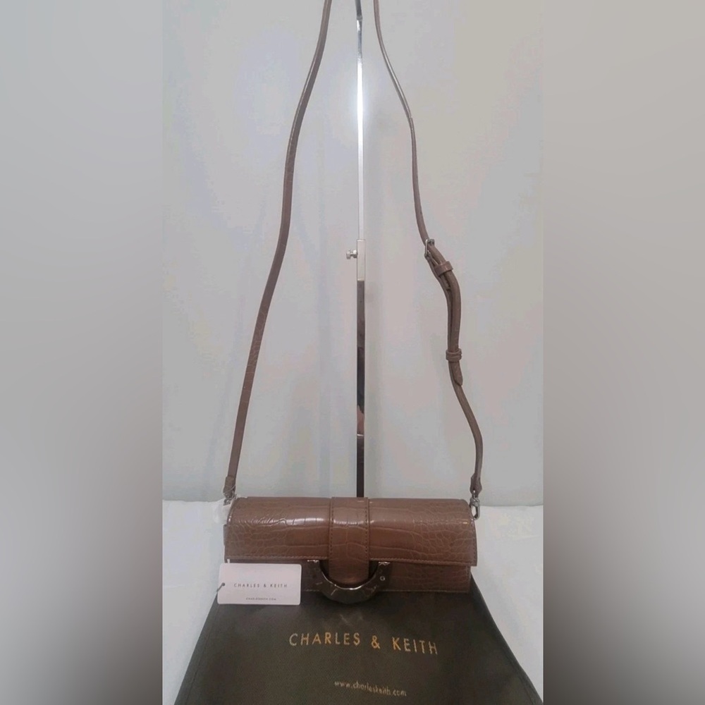 Charles & Keith Croc-Embossed Crossbody Bag in Brown Faux Leather & Dust Bag - Picture 3 of 16